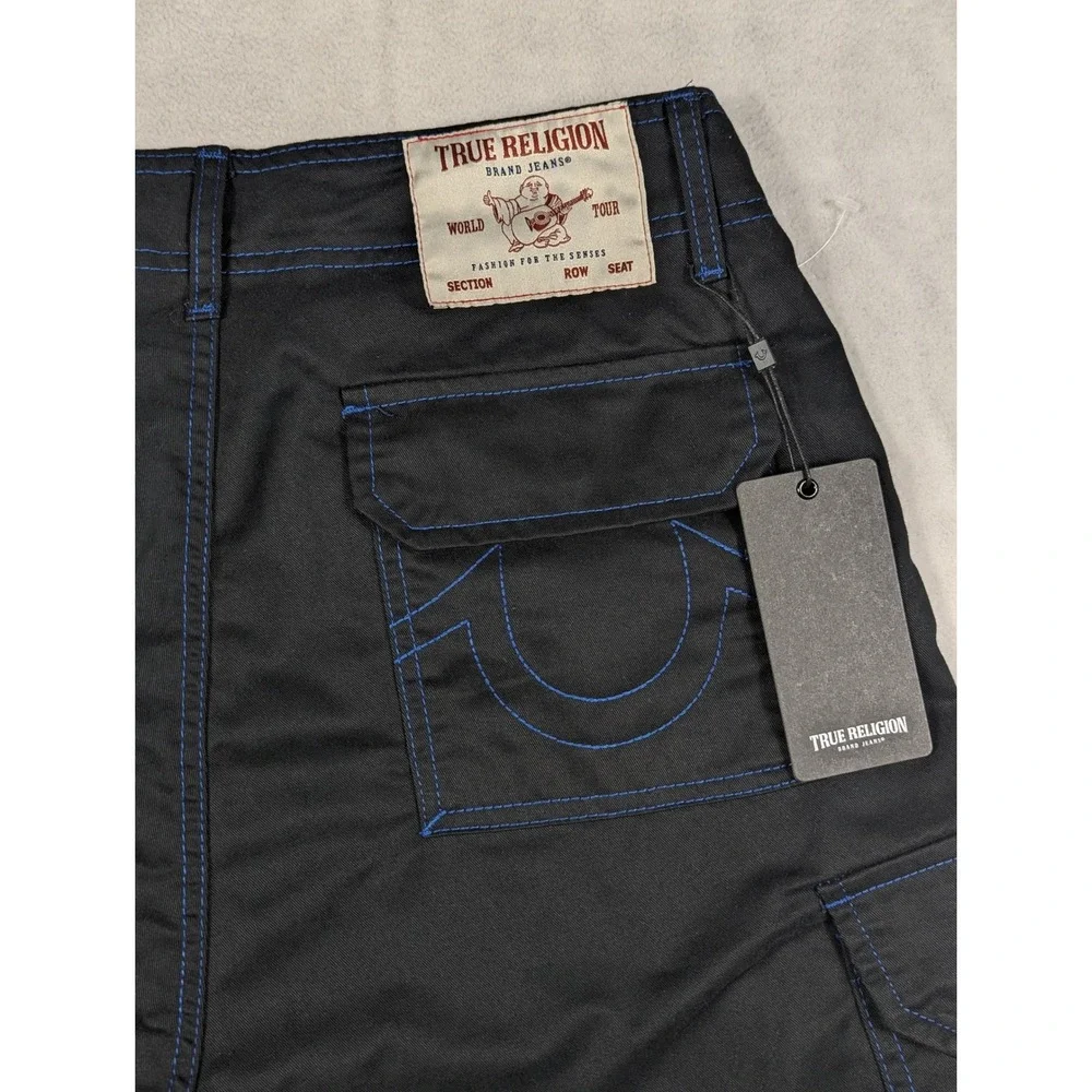 NEW True Religion Mens Cargo Pants Jet Black Pacific Blue Stitch 108335 Size 30